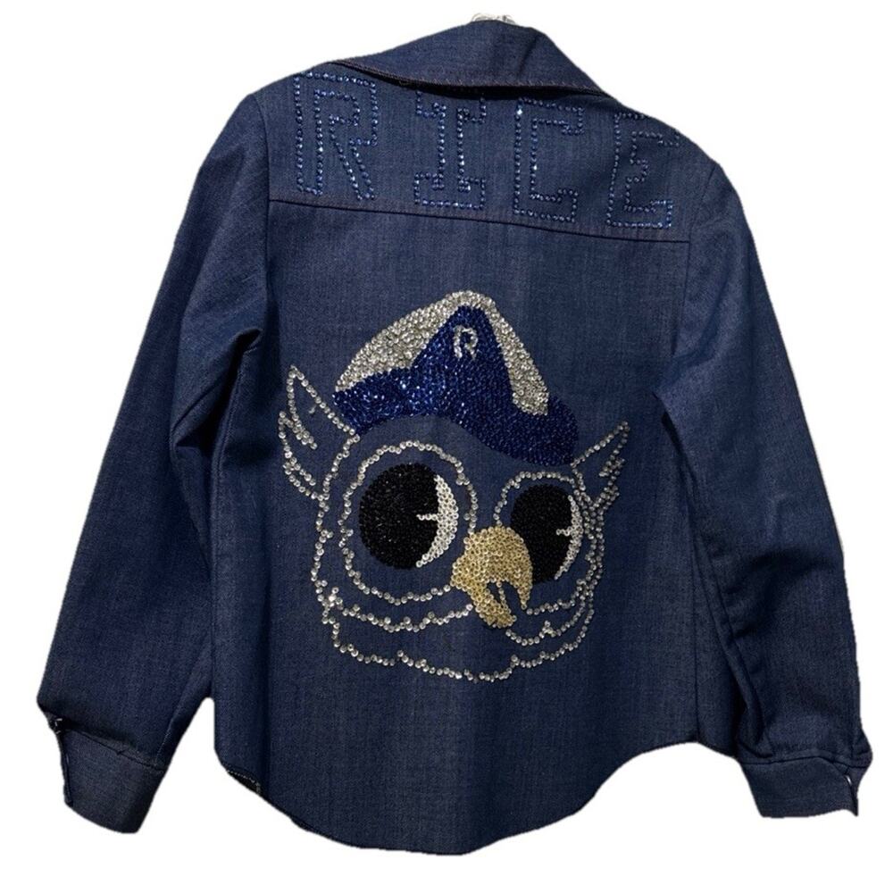 Rice University Houston Toughskins Denim Sequin Jacket Size 14 Owl Made In USA